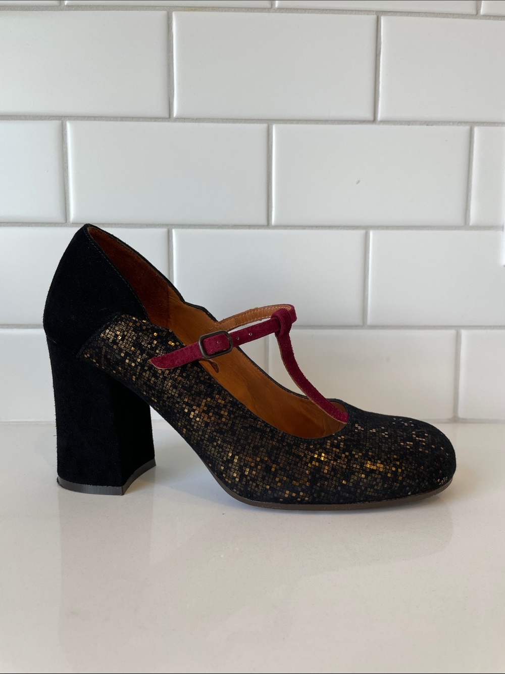 Chie Mihara Black Glitter Mary Jane Heels with Wine Pink Strap • Size 37 - Picture 11 of 16